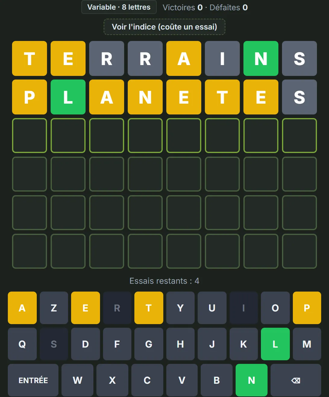 Grille de Wordle à 8 lettres avec deux essais : TERRAINS donne un N vert et T, E, A jaunes ; PLANETES donne un L vert et six lettres jaunes dont les deux E