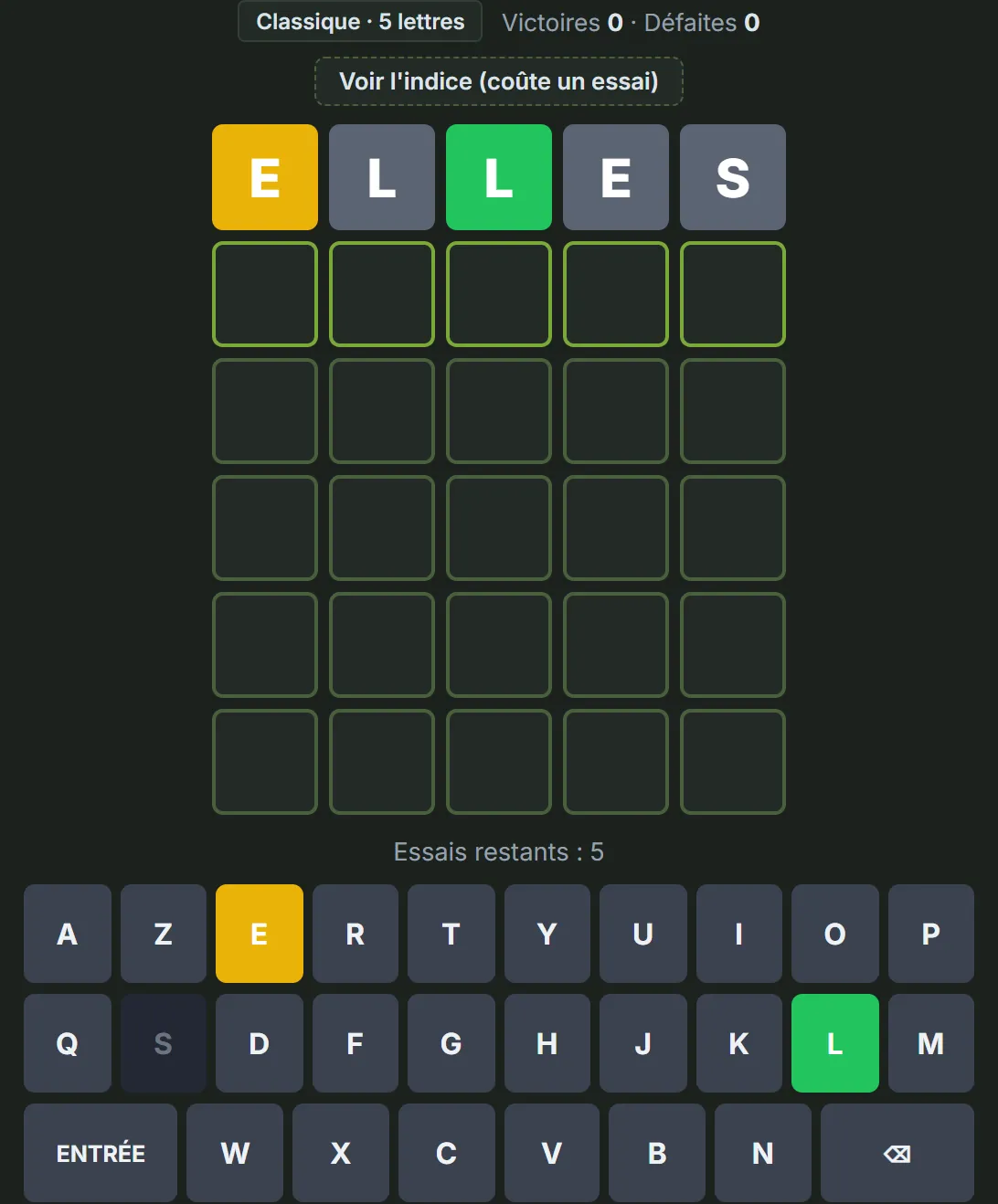 Grille de Wordle après la proposition ELLES pour le mot MELON : premier E jaune, premier L gris, second L vert, second E et S gris