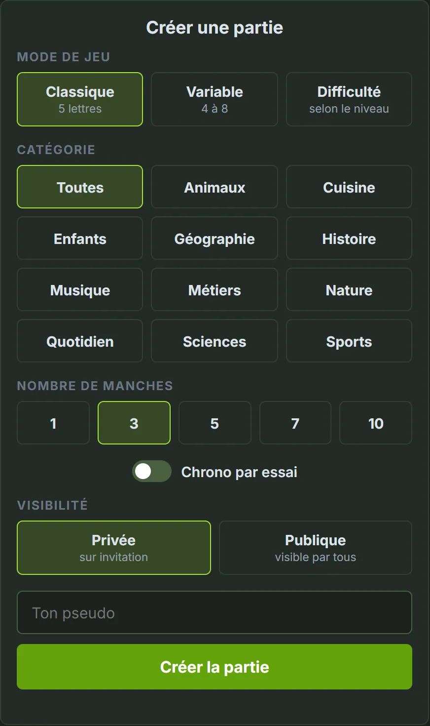 Formulaire de création d'une partie de Wordle multijoueur : mode de jeu, catégorie, nombre de manches, chrono par essai, visibilité privée ou publique et pseudo