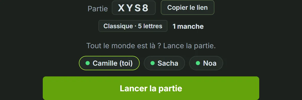 Salle d'attente d'une partie de Wordle multijoueur : code de la partie, bouton Copier le lien, trois joueurs connectés et bouton Lancer la partie