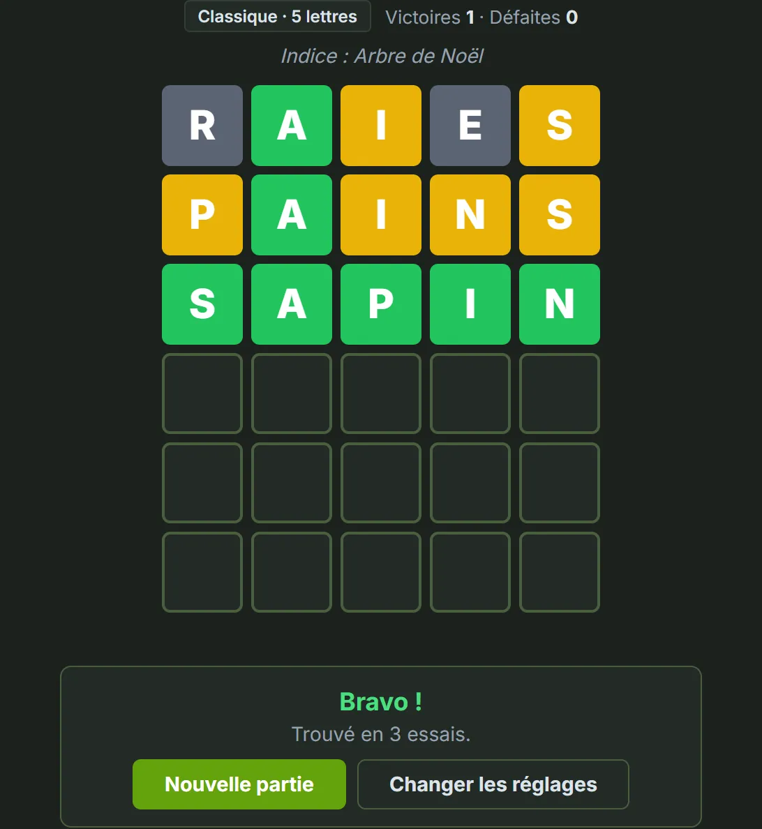Partie de Wordle gagnée en 3 essais : RAIES avec le A vert et le I et le S jaunes, PAINS avec le A vert et quatre lettres jaunes, puis SAPIN tout en vert