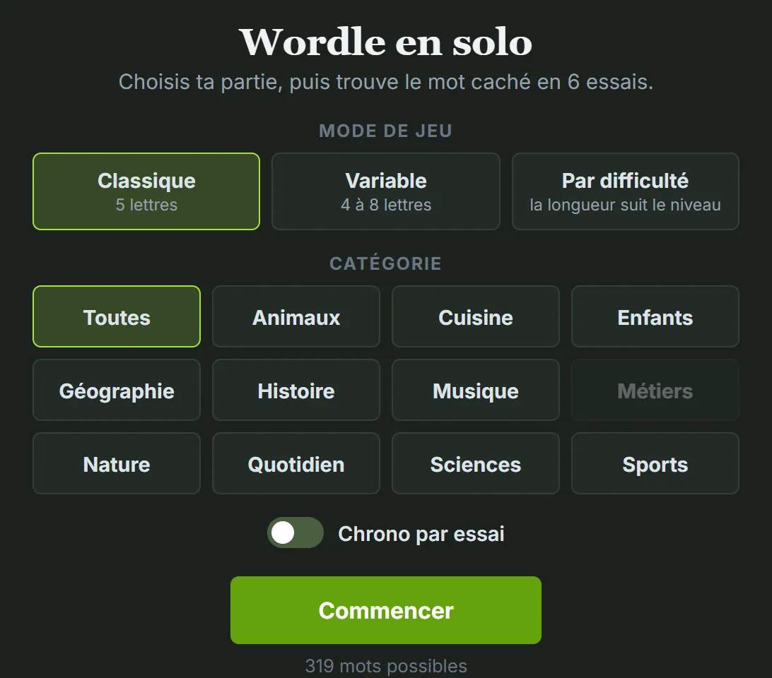 Écran de réglages du Wordle en solo : mode Classique sélectionné, onze catégories dont Métiers grisée, interrupteur du chrono par essai, bouton Commencer et 319 mots possibles